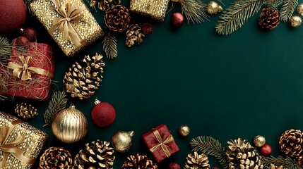 Christmas background with golden gifts red ornaments and natural pine cones on a dark green backdrop