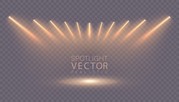 Warm stage spotlights with soft beams and a circular illuminated spot on the floor. Suitable for posters, presentations, advertising layouts, show banners, and stage and podium illustrations. Vector.