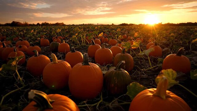 Vibrant Sunset Over Large Thanksgiving Pumpkin Patch Farm Field