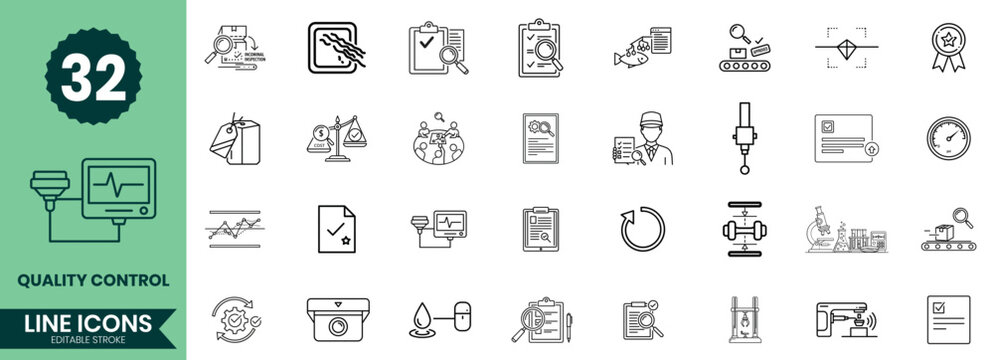 Quality Control Line Icons Set Inspection, Certification, Standards, Testing & Manufacturing QA Outline Pack