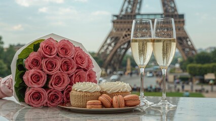 Bouquet of pink roses with cupcakes, macarons, and champagne glasses in front of the Eiffel Tower. Romantic celebration or special occasion.
