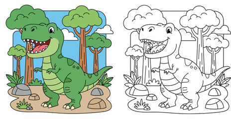 Cute cartoon T-rex dinosaur vector illustration with black and white outline for coloring book page educational printable for kids in prehistoric forest © SHOHAG