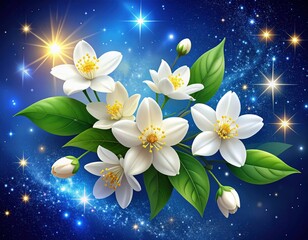 Elegant white flowers with green leaves and glowing stars in a cosmic blue background