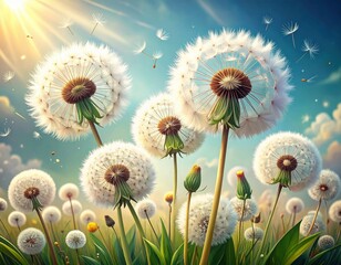 Lush field of dandelions in sunlight with fluffy white seed heads glowing against a blue sky