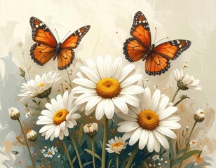Vibrant Monarch Butterflies Over Blooming White Daisies in a Serene Floral Landscape