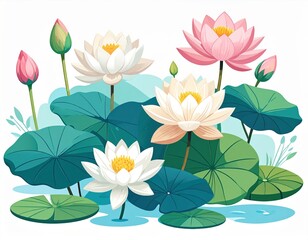 Beautiful lotus flowers in various stages of bloom surrounded by green leaves and serene blue water