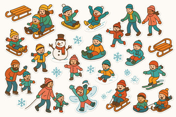 Fototapeta premium Winter fun: children and adults enjoying sledding and skating with snowman illustration