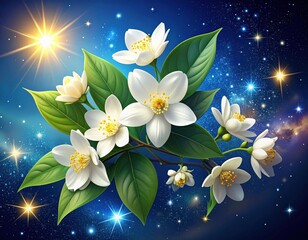 Branch of White Jasmine Flowers with Green Leaves Against a Starry Space Background