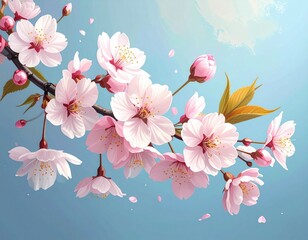 Beautiful cherry blossom branch with pink flowers and buds against a soft blue sky