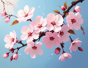 Cherry blossom branch with pink flowers and buds against a clear blue sky symbolizing spring and renewal