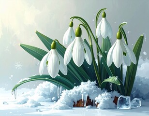 Snowdrop flowers blooming in winter snow with icicles and green leaves surrounded by melting snow