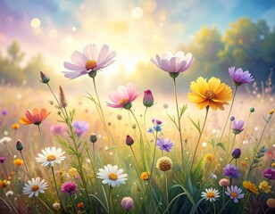 Colorful Wildflowers Blooming in a Sunlit Field on a Beautiful Spring Day