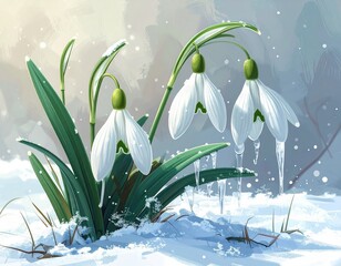 Snowdrop Flowers Emerging from Snow with Icicles and Frosty Green Leaves in Winter Scene