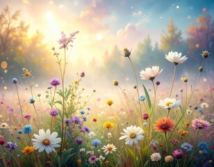 Vibrant wildflower meadow during sunrise with soft light and mist in a serene natural landscape