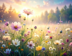 Beautiful wildflower meadow blooming under sunlight with colorful flowers and soft background scenery