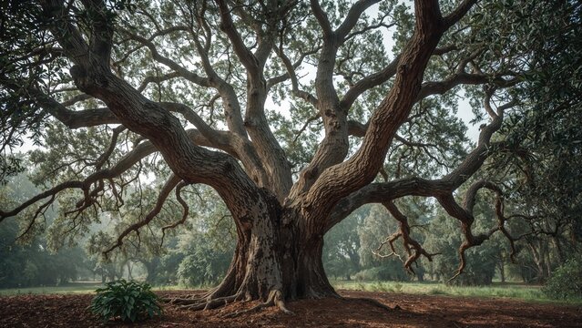 Ancient tree with sprawling branches and thick trunk in a forest setting. Nature, trees, and wilderness. The concept of growth and stability.