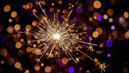 Bright sparkler with sparks flying and colorful bokeh background, celebration and festive atmosphere.