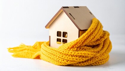Wooden house wrapped in thick yellow knitted scarf symbolizes warmth insulation and energy efficiency perfect for winter home care visuals sustainable living promotion and cozy housing concept illustr