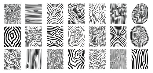 Wood lines texture material doodle hand drawn line set. Rings and circles tree trunk geometric curve, wave contour.  © Yanka