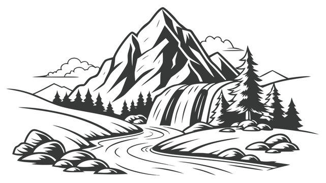 Vector illustration black and white illustration of a mountain landscape with a waterfall and trees