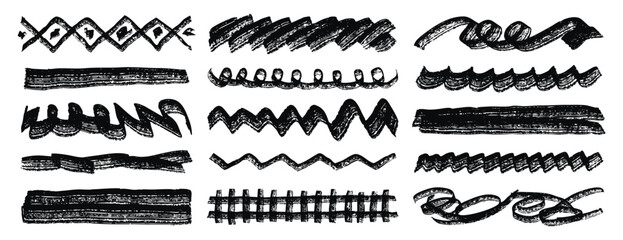 Obraz premium Textured horizontal lines, fragments of ornament underlines, textured grunge set, wavy and zigzag and straight accents.