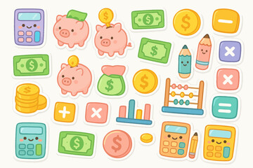 Cute finance-themed stickers featuring piggy banks and calculators