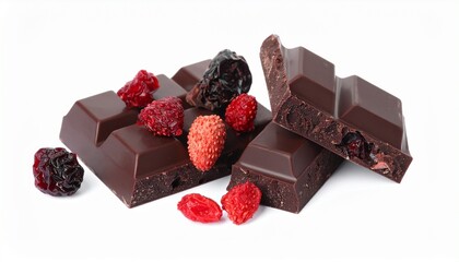 Delicious dark chocolate bars with dried red berries showcase a gourmet treat combining rich cocoa and tart fruit perfect for dessert lovers and specialty snack enthusiasts who crave indulgent flavor 