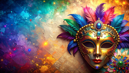 Golden masquerade mask with vivid feathers and glowing artistic texture. Ideal for carnival graphics, invitations, posters, digital art, theatrical themes, and premium creative projects.
