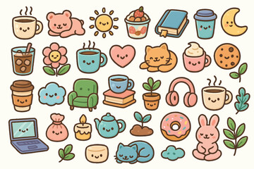 Fototapeta premium Cute kawaii doodles tea coffee plants animals objects collection