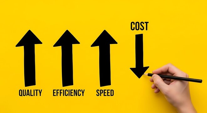 Business concept showing quality efficiency and speed increase while reducing cost