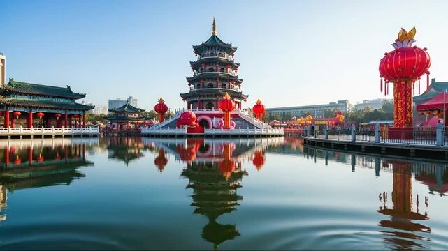 Traditional Chinese Pagoda with Red Lanterns Reflected in Calm Water Under Clear Sky