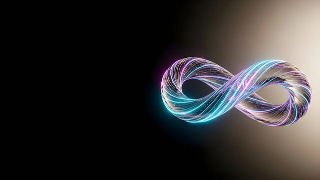 無限のループと持続可能性を象徴するガラスのメビウスの輪の近未来背景素材（3Dレンダリング・コピースペース）