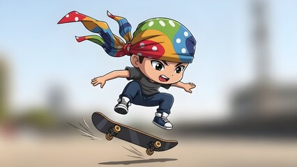 Energetic cartoon boy with colorful dreadlocks performing a skateboard trick in mid air