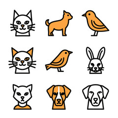 Fototapeta premium A collection of stylized pet icons featuring cats, dogs, birds, and a rabbit, designed with simple black line art and orange color fills.