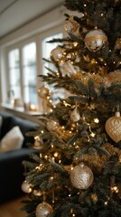 A perfectly decorated Christmas tree with ornaments, golden lights, and shimmering tinsel in a modern minimalist home.