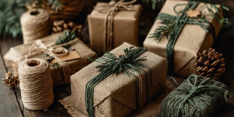 A pile of Christmas gifts wrapped in eco-friendly kraft paper and green twine, rustic holiday aesthetic with natural textures.