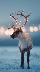 A reindeer with decorated antlers standing in a snowy field at twilight, magical holiday atmosphere.