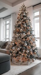 A perfectly decorated Christmas tree with ornaments, golden lights, and shimmering tinsel in a modern minimalist home.