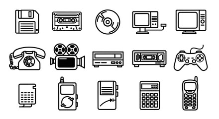 A collection of retro technology and vintage electronics icons drawn in a bold black and white line art style.