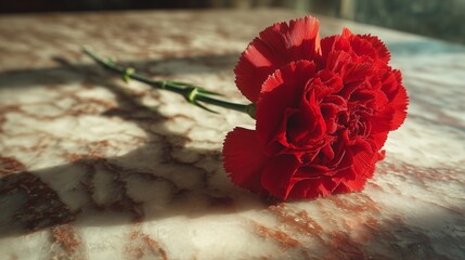 Close-up of a red carnation placed on a marble memorial surface on 10 Kasım, dramatic natural light.