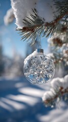 Close-up of a snow-covered ornament hanging on a pine branch, crystal snowflakes sparkling in natural sunlight.