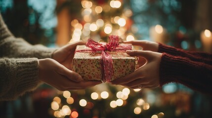 Close-up of hands exchanging a Christmas gift on Christmas Eve, festive decorations softly blurred in the background.