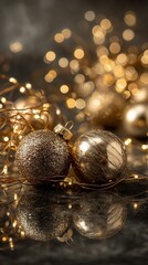 Golden Christmas ornaments and sparkling decorative lights arranged on a reflective surface, elegant studio-style composition.