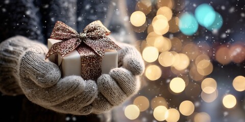 Hands wearing cozy winter gloves holding a small Christmas present with a sparkling bow, warm bokeh lights creating a festive atmosphere.