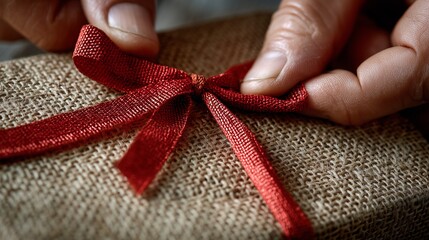 Hands untying the red ribbon on a Christmas present, macro close-up capturing texture and detail in high realism.