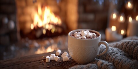Hot cocoa with marshmallows next to a lit fireplace on Christmas Eve, cozy winter atmosphere with realistic textures.
