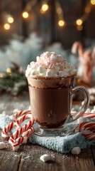 Hot chocolate with whipped cream, marshmallows, and candy canes on a winter wooden table, soft ambient glow.