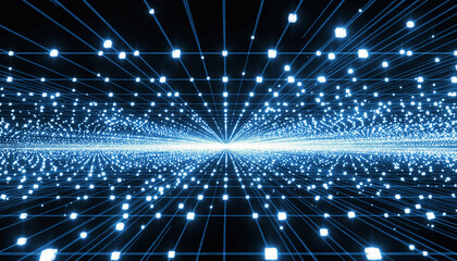 Futuristic Hexagonal Technology Network on Dark Blue Background with 3D Geometric Shapes, Digital Lines, and Abstract Data Connections