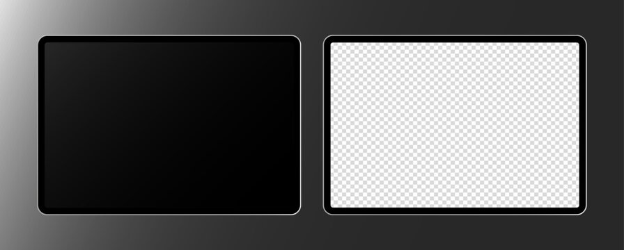Two modern tablet mockups, one with black screen and one with transparent screen for design placement, realistic digital device illustration on dark background