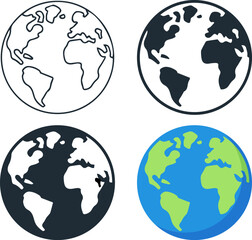 earth globe icon set in outline, filled, and color styles &mdash; flat minimal vector design